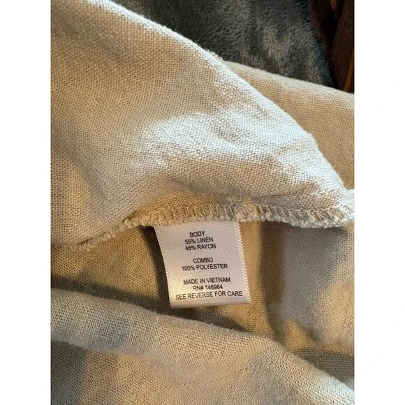 Linen Blend Shift Dress Beige Leopard Trim Pockets Size 12 Boho Casual - Picture 6 of 6